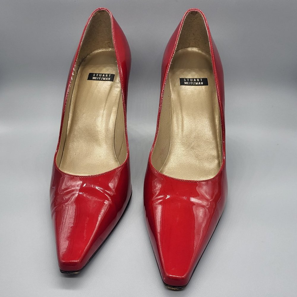 stuart weitzman red patent leather pumps